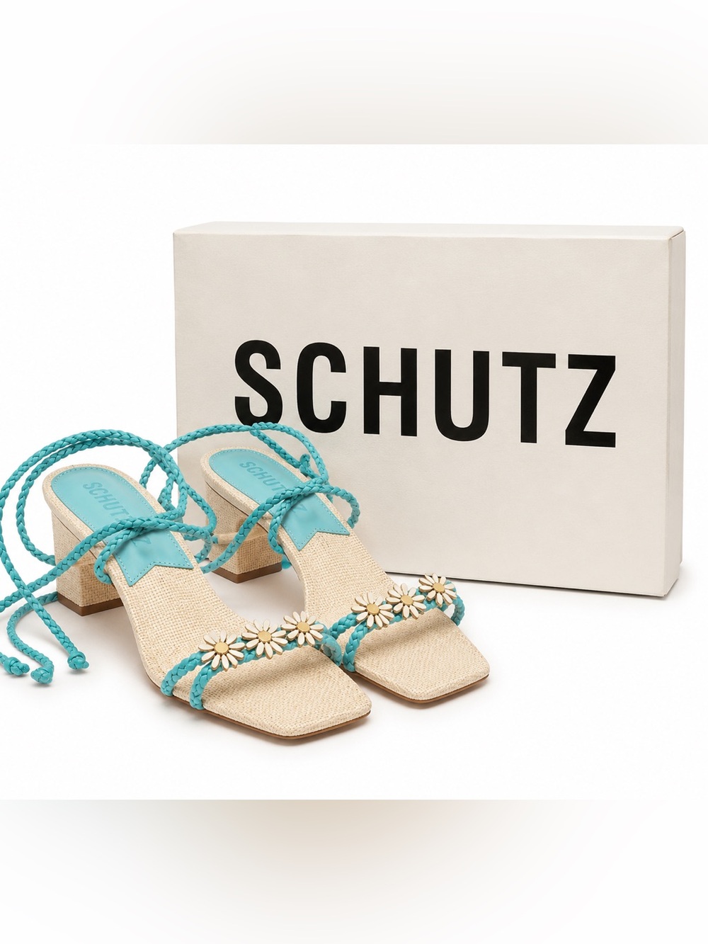 SCHUTZ Blue Braided Daisy Block Heel Ankle wrap Sandals NIB